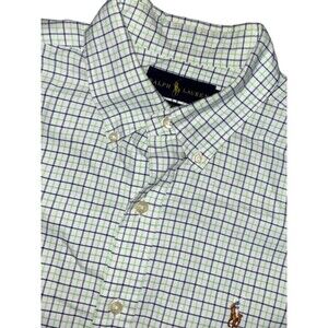 Men's RALPH LAUREN Green Blue White Pinpoint Shirt Dress Shirt Button Down Sz M